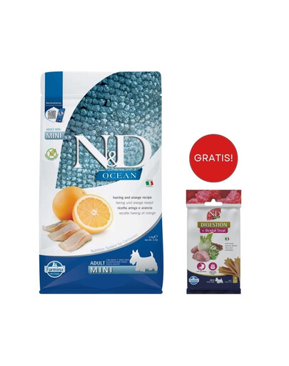 FARMINA N&D Ocean Dog Adult Mini herring and orange 2,5 kg dla psa małej rasy + FARMINA N&D Quinoa Dental Treat Digestion Mini 60 g