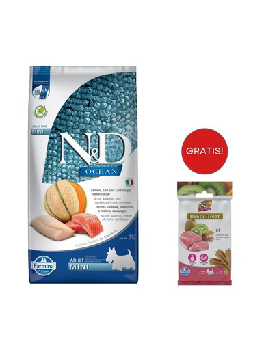 FARMINA N&D Ocean Dog Adult Mini salmon, cod & canatloupe melon 7 kg łosoś, dorsz, melon + FARMINA N&D Tropical Selection Dental Treat Pork Mini 60 g (7 szt) GRATIS!