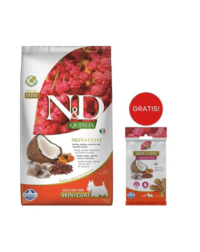 FARMINA N&D Quinoa Dog Skin&Coat Adult Mini herring, coconut 2.5 kg śledź i kokos + FARMINA N&D Quinoa Dental Treat Skin Coat Herring Mini 60 g (7 szt) GRATIS!