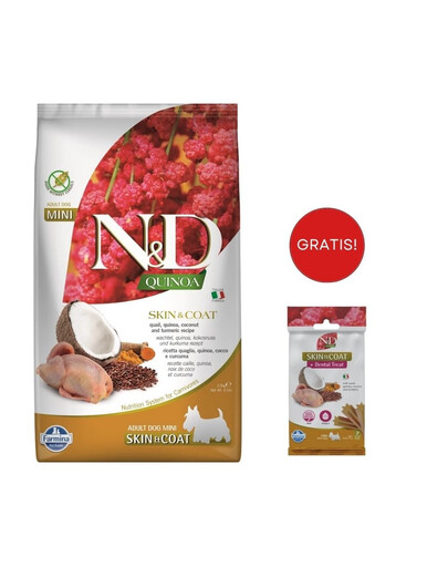 FARMINA N&D Quinoa Dog Skin&Coat Adult Mini quail, coconut 2.5 kg dla psów malych ras z przepiórką + FARMINA N&D Quinoa Dental Treat Skin Coat Quail Mini 60 g GRATIS!