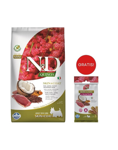 FARMINA N&D Quinoa Mini Skin and Coat 2,5 kg z kaczką i kokosem + FARMINA N&D Quinoa Dental Treat Skin Coat Duck Mini 60 g GRATIS!