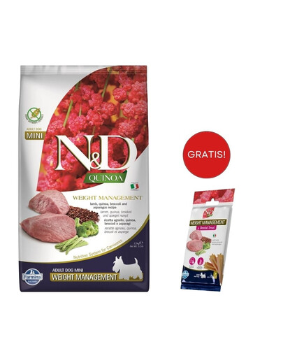 FARMINA N&D Quinoa Dog Adult Mini Weight Management 2.5 kg + FARMINA N&D Quinoa Dental Treat Weight management Mini 60 g (7 szt) GRATIS!