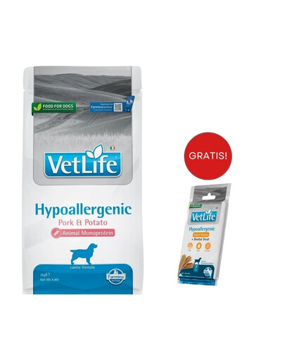 FARMINA VetLife Hypoallergenic Adult Pork karma dietetyczna dla psów 2 kg + FARMINA Vet Life Dental Treat Hypoallergenic Fish Medium/Maxi 100 g