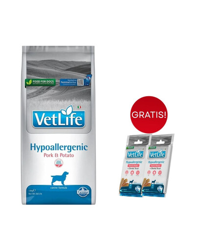 FARMINA Vet Life Hypoallergenic Pork Potato dla dorosłych psów 12kg + 3 x FARMINA Vet Life Dental Treat Hypoallergenic Pork Medium/Maxi 100 g (7 szt) GRATIS!