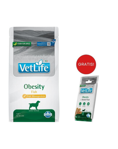 FARMINA Vet Life Obesity Fish karma dla dorosłych psów 2 kg + FARMINA Vet Life Dental Treat Obesity Medium/Maxi 100 g (7 szt) GRATIS!