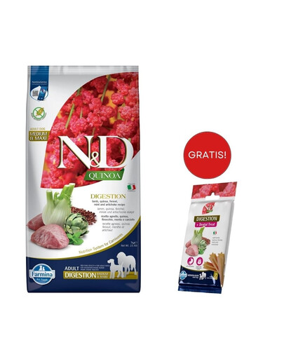 FARMINA N&D Quinoa Dog Adult Medium&Maxi Digestion Lamb & Fennel 7 kg + FARMINA N&D Quinoa Dental Treat Digestion Medium/Maxi GRATIS!