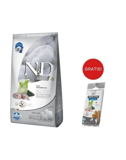 FARMINA N&D White Dog Adult Medium Maxi Sea Bass, Spirulina, Fennel 7 kg + FARMINA N&D White Dental Treat Coat Sea bass Mini 60 g (7 szt) GRATIS!