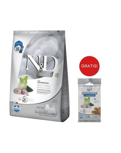 FARMINA N&D White Dog Adult Mini Sea Bass, Spirulina, Fennel 5 kg + FARMINA N&D White Dental Treat Coat Sea bass Mini 60 g (7 szt) GRATIS!