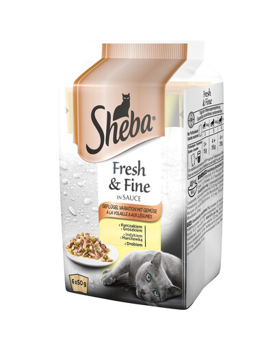 SHEBA saszetka 6x50g Fresh & Fine - mokra karma dla kotów w sosie (z kurczakiem i groszkiem, z indykiem i marchewką, z drobiem)