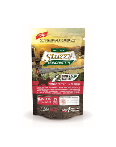 STUZZY Dog Monoprotéine Boeuf avec Myrtilles 150 g nourriture hypoallergénique pour chiens