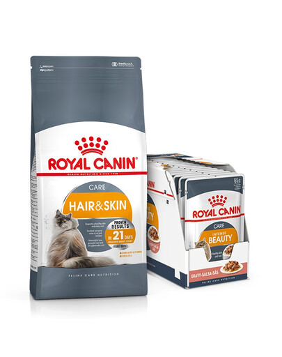 ROYAL CANIN Hair&Skin Care Aliment sec pour chats 10 kg + Intense Beauty Aliments humides pour chats en gelée 12x85 g